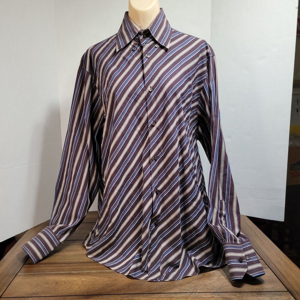 Ben Sherman LS Full Button Shirt Brown Blue & White Stripes - Size XL